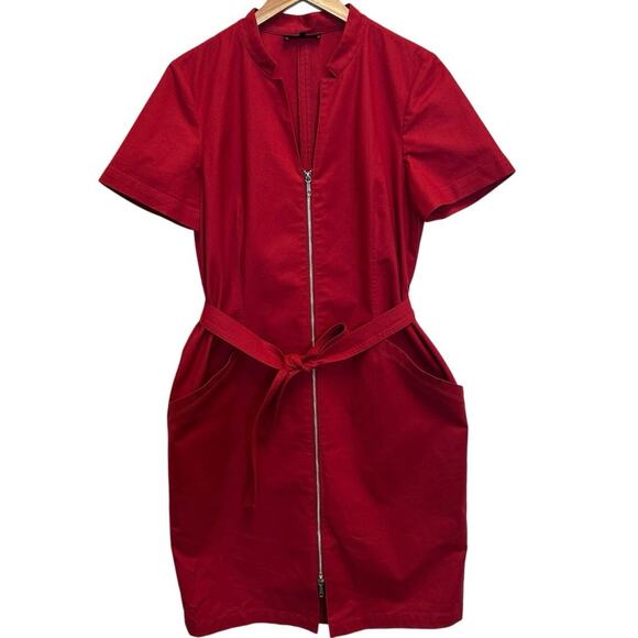 Lafayette 148 Red Belted Zip Front Sheath Dress w/ Pockets Stretch Cotton Career - Picture 2 of 11